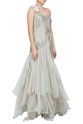 Grey Fully Embellished Flared Gown
