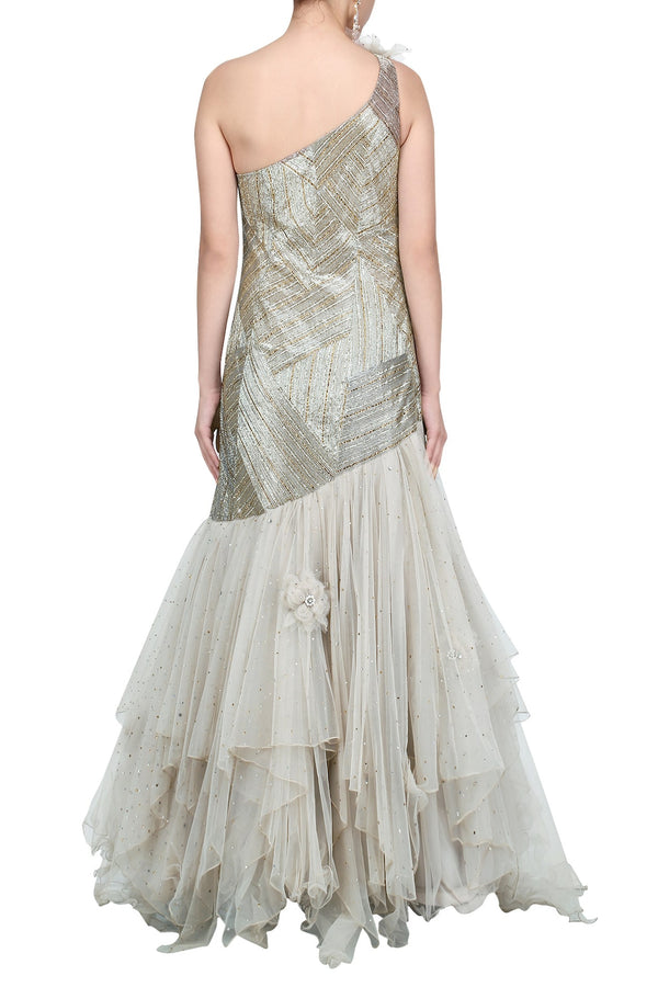 Grey Fully Embellished Flared Gown
