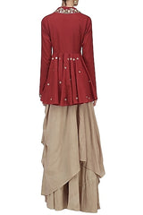 Red Peplum & Brown Drape Skirt