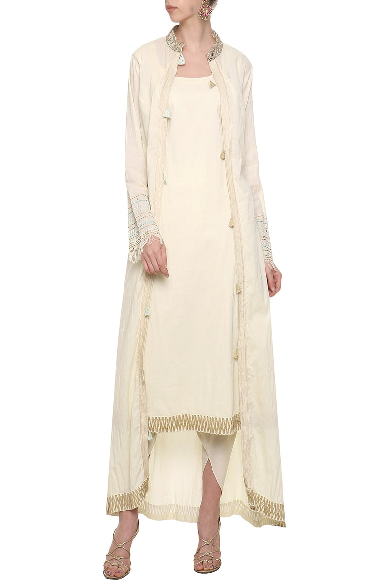 Off White Embroidered Tunic Set