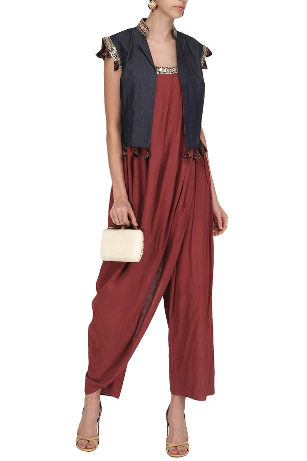 Red Embroidered Jumpsuit With Tassels Shrug