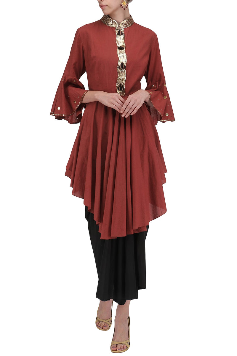 Maroon Layered Embroidered Tunic Set