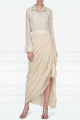Beige Embroidered Shirt With Drape Skirt